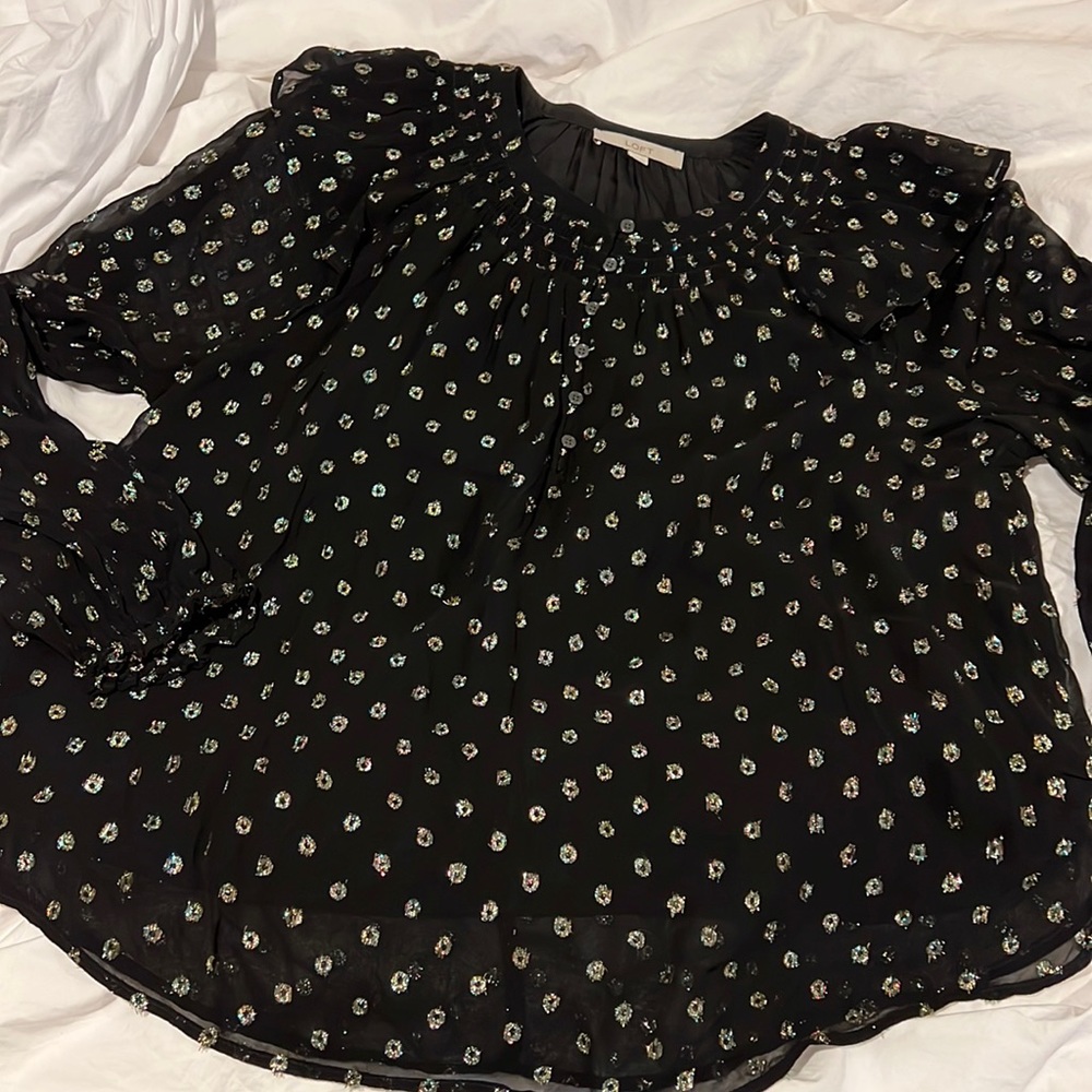 LOFT black sheer sparkly polka dot top